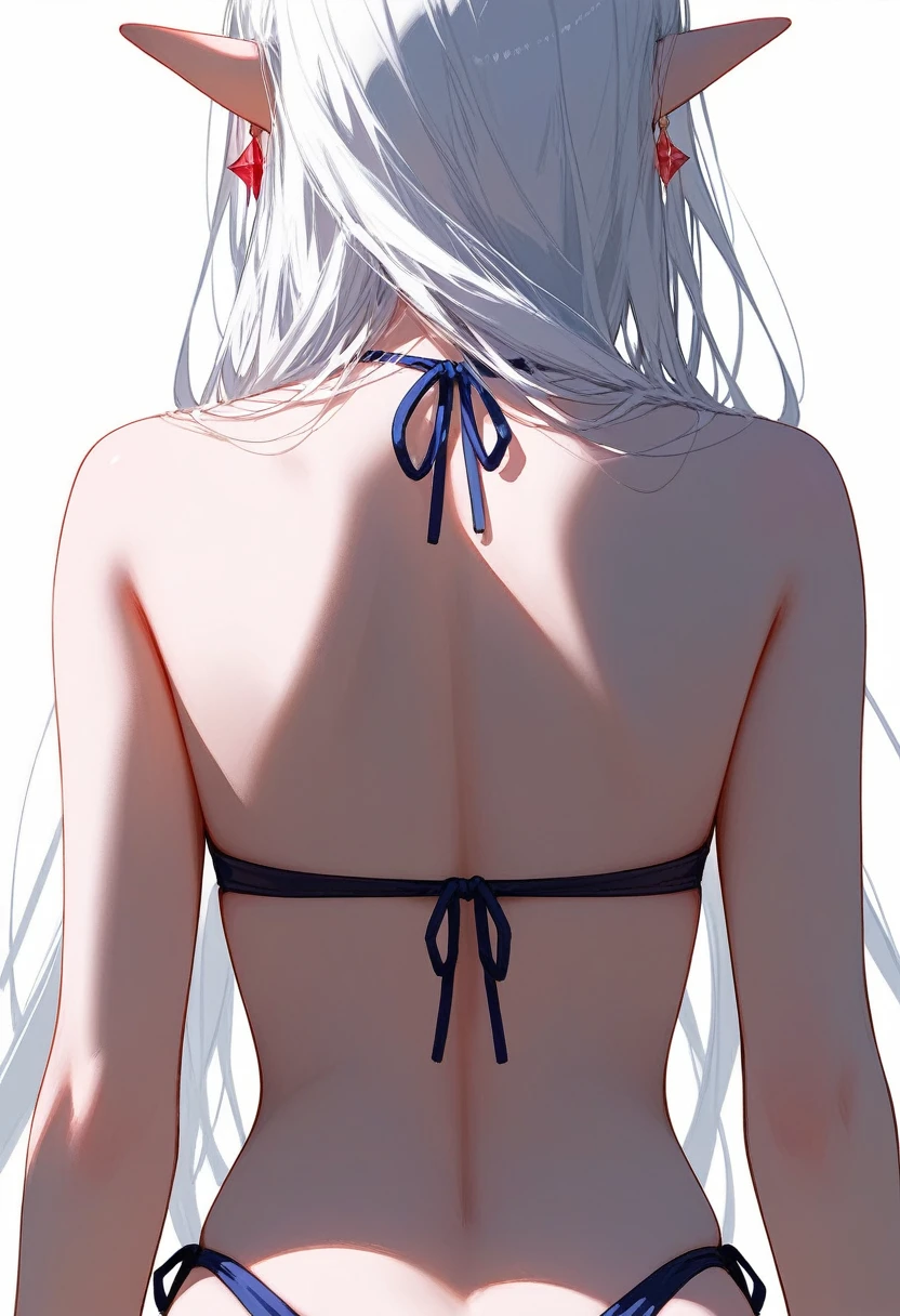 1girl, solo, Frieren, white hair, long hair, pointy ears, green eyes, from behind, facing away, close-up, bare shoulders, swimsuit, bikini, earrings, back view, back covered by hair, arms on sides, upper body, white background, simple background, masterpiece, score_9, score_8_up, score_7_up, different views, different angles, magic, sexy