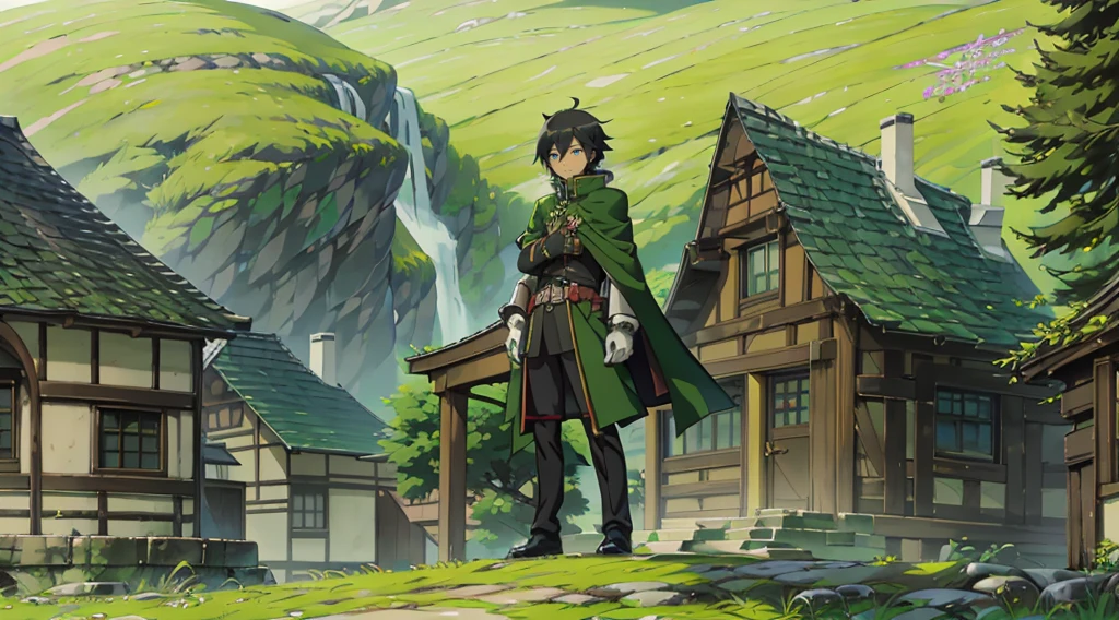 yuichiro hyakuya, (WithoutFear:1), 1 boy, black hair, green eyes, brown coat, gray armor, green shield, green cloak, dark brown gloves, town, white fur trim, tall, anime, standing, good quality, portrait, looking at viewer