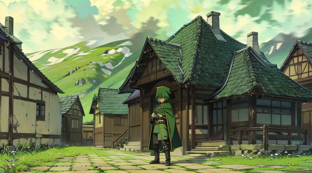 yuichiro hyakuya, (WithoutFear:1), 1 boy, black hair, green eyes, brown coat, gray armor, green shield, green cloak, dark brown gloves, town, white fur trim, tall, anime, standing, good quality, portrait, looking at viewer