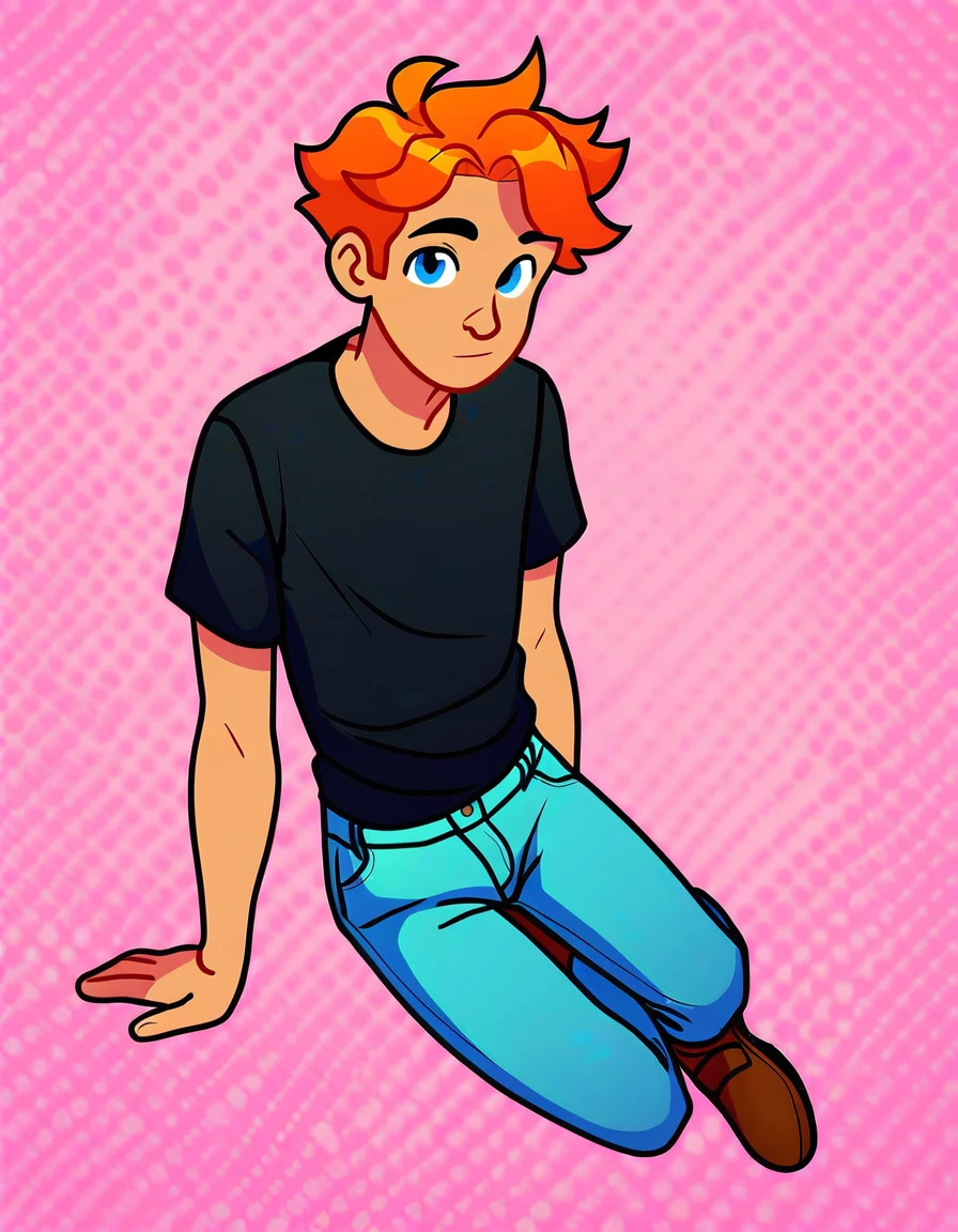 brooklyn_t_guy, solo, looking at viewer, short hair, blue eyes, simple background, shirt, 1boy, short sleeves, male focus, black shirt, orange small oval shaped mustache, orange hair, full body, semi dark skin, blue jeans, brown shoes,