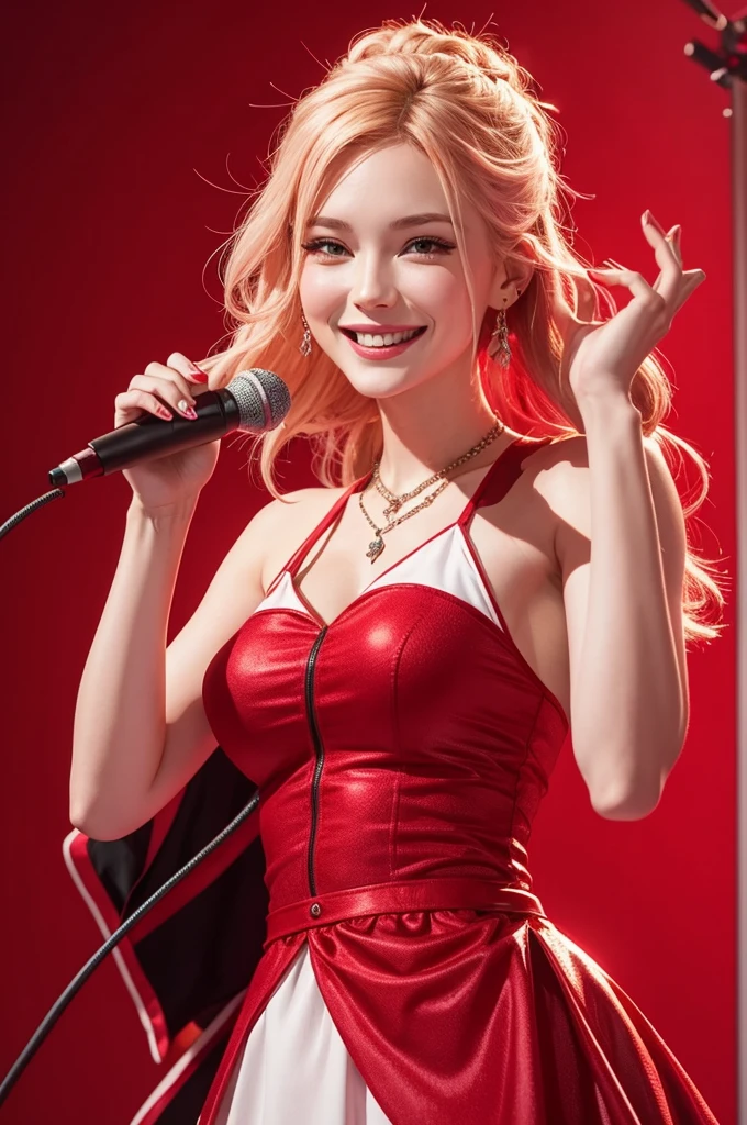 Gimme an animated microphone smiling Juliet with red background