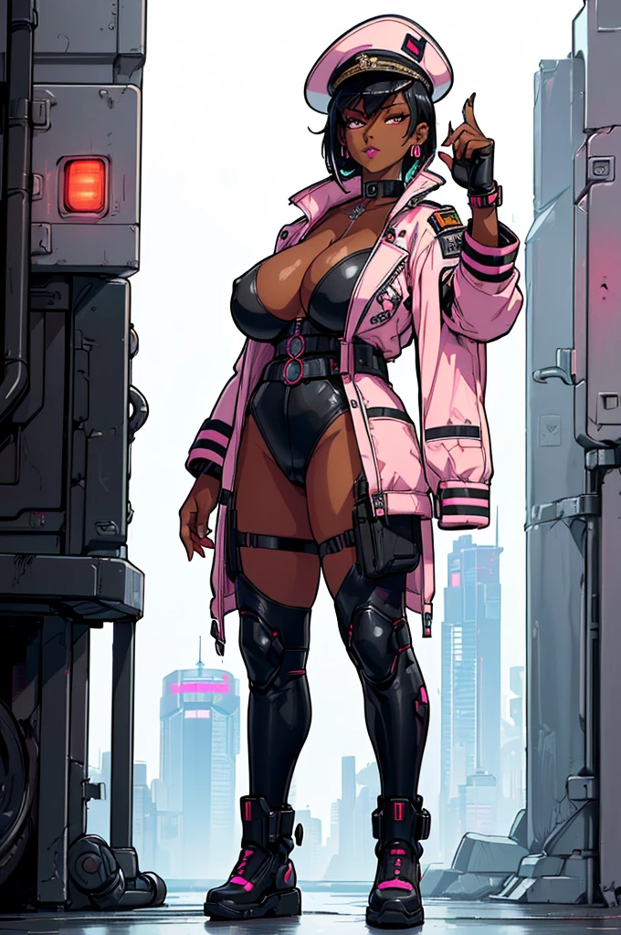 (masterpiece, best quality, high resolution, ((huge breasts)) 1 mature woman, very short black cyberpunk hair, ((dark skin)), pink lips, white military clothes cyberpunk style, cyberpunk style military hat, choker, earrings , serious posture ( white background, stickers. Redmond), ((full body standing)),