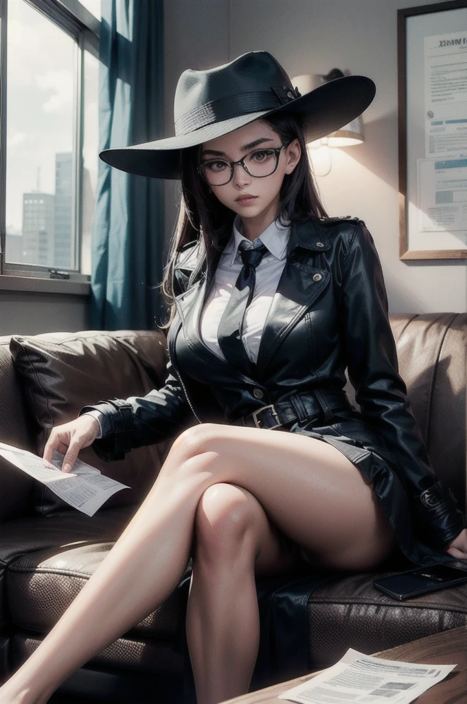 masterpiece, Highest quality, 16K, 2.5D, 1 girl ( Black trench coat, suit, skirt, Fedora, Glasses, Sitting cross-legged, Sitting on the couch, tie, Severe, Detective), ( table, papers on table ), window, Office Background, hand