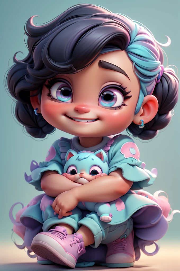 3d, , chibi, cute, Katy Perry, purple glitter outfit, smiling, barbie , black hair, blue eyes, bright eyes, black hair, white background, vivid, perfect, pink, aqua blue, white background, pink shoes, smiling, braid, babyibi