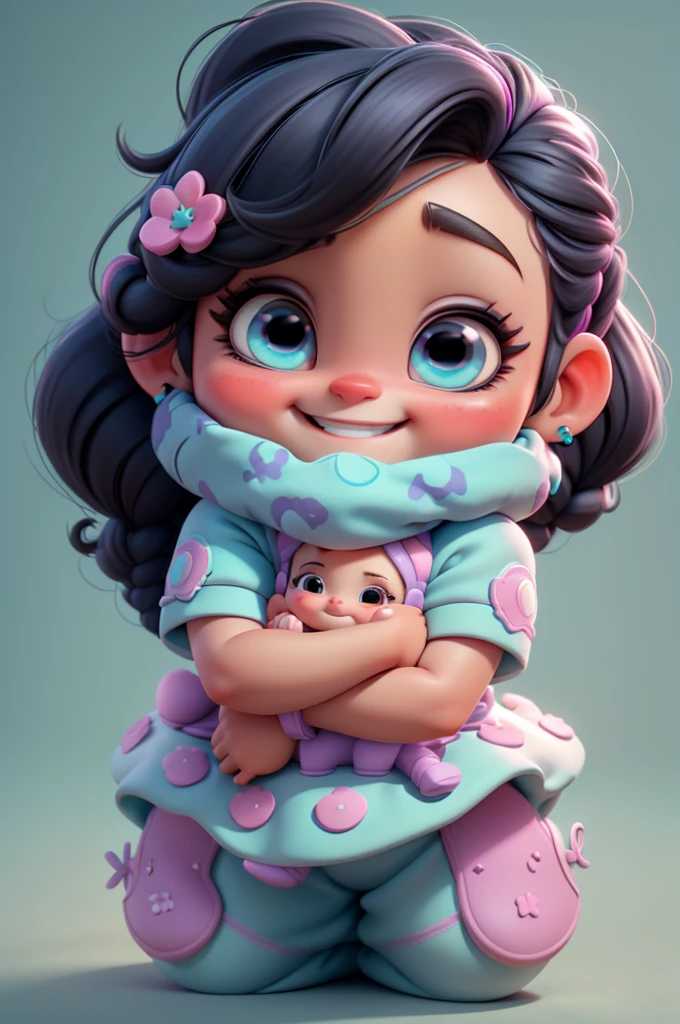 3d, baby, chibi, cute, Katy Perry, purple glitter outfit, smiling, barbie , black hair, blue eyes, bright eyes, black hair, white background, vivid, perfect, pink, aqua blue, white background, pink shoes, smiling, braid, baby, chibi