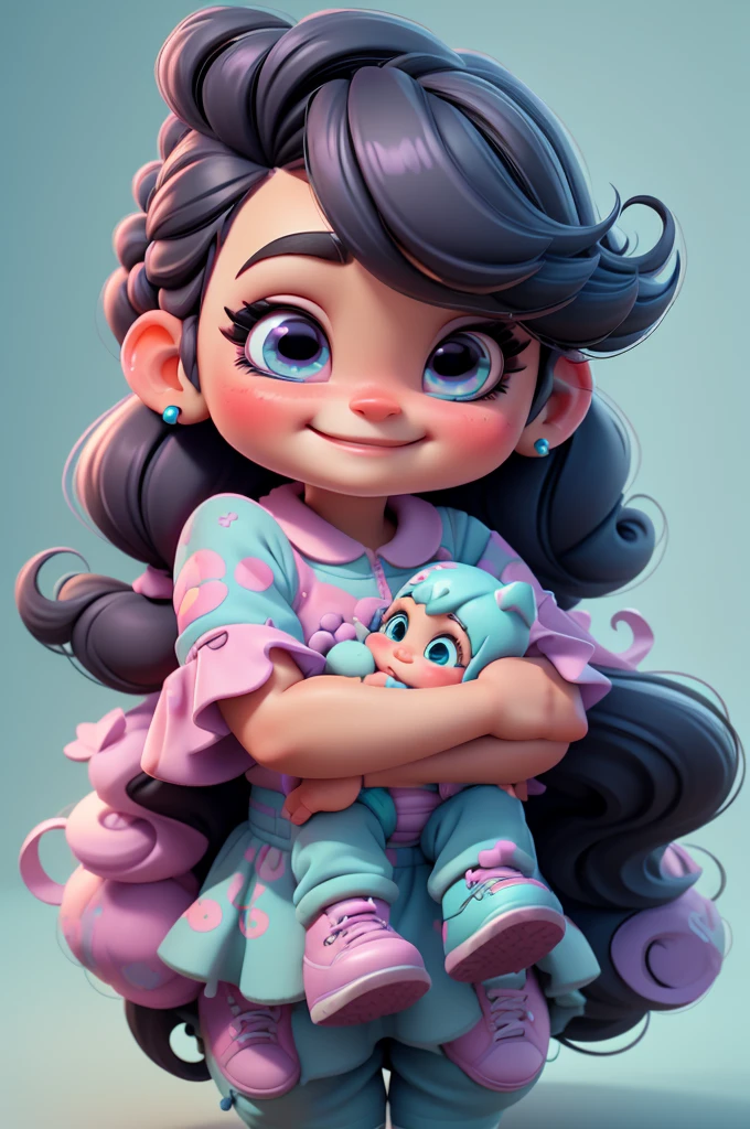 3d, , chibi, cute, Katy Perry, purple glitter outfit, smiling, barbie , black hair, blue eyes, bright eyes, black hair, white background, vivid, perfect, pink, aqua blue, white background, pink shoes, smiling, braid, babyibi
