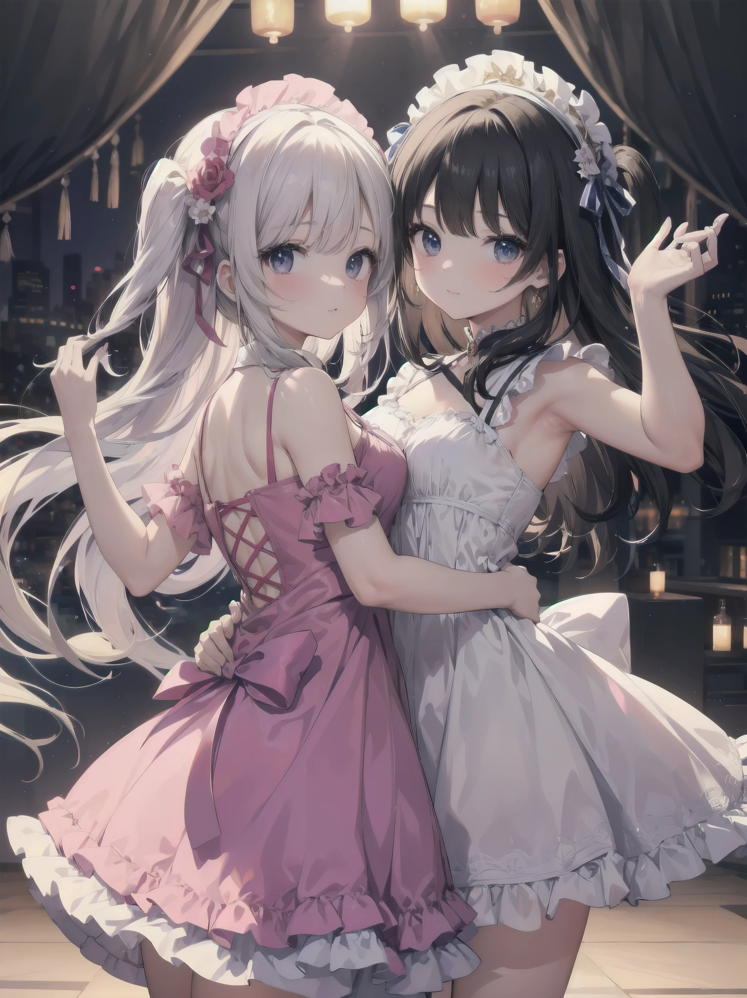 masterpiece、so beautiful、Clear contours、Beautiful girls wearing cute frilly dresses are dancing and making cute poses.