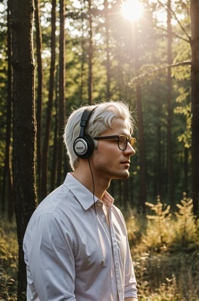 Young white-haired man with glasses listening to music in a forest while watching the sunset
