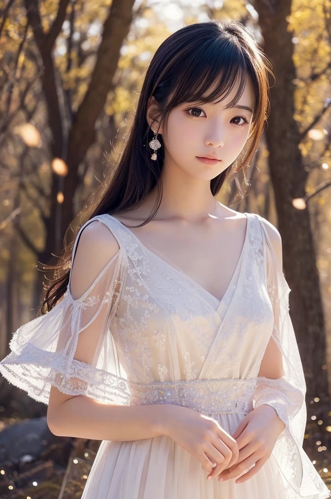 A beautiful Japanese girl wears a thin white gown、She is shown looking towards the camera。Her hair is dark brown、It&#39;s shoulder length。Hair is slightly messy、Bangs hang on the face。Her big eyes、It is accentuated by a light makeup.、The eyeshadow is especially highlighted with a light brown color.。Her mouth is decorated with pale pink lips.、Natural beauty stands out。

The background is a pale greenish white.、Soft natural light pours in。The light falls softly on her face and gown.、It creates shadows。The gown is made of a thin and soft material.、Deep open chest design。The soft material of the gown hugs her skin.、The overall atmosphere is relaxed.。

Her expression is a little ennui、He looks like he is thinking about something.。The gaze passes through the camera、It gives the impression of gazing into the distance.。her pose is natural、Shrug your shoulders lightly、The head is tilted slightly。

This image is、It emphasizes the simple and elegant beauty of、The soft colors and soft lighting bring out her natural charm.。The overall atmosphere is minimal and sophisticated.、It gives a quiet impression to the viewer.。
