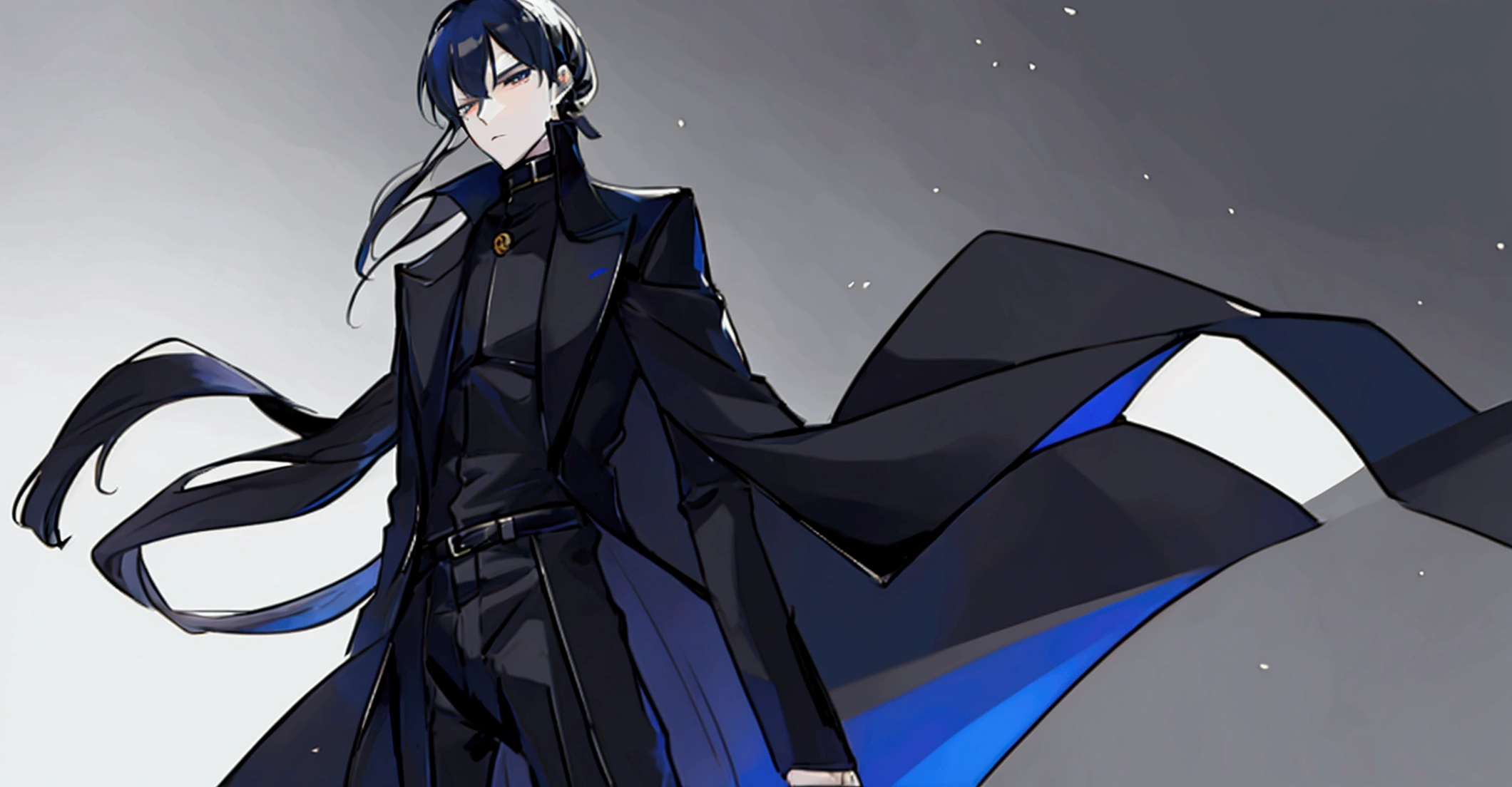 Create the rest of the character's body from head to toe. The character is wearing a long black coat with dark blue details on the back and shoulders. Underneath the coat, he wears a dark gray shirt with a brown leather sash. He also wears dark gray pants and a brown belt with a silver buckle.. On his left hand he wears 5 rings, one on each finger