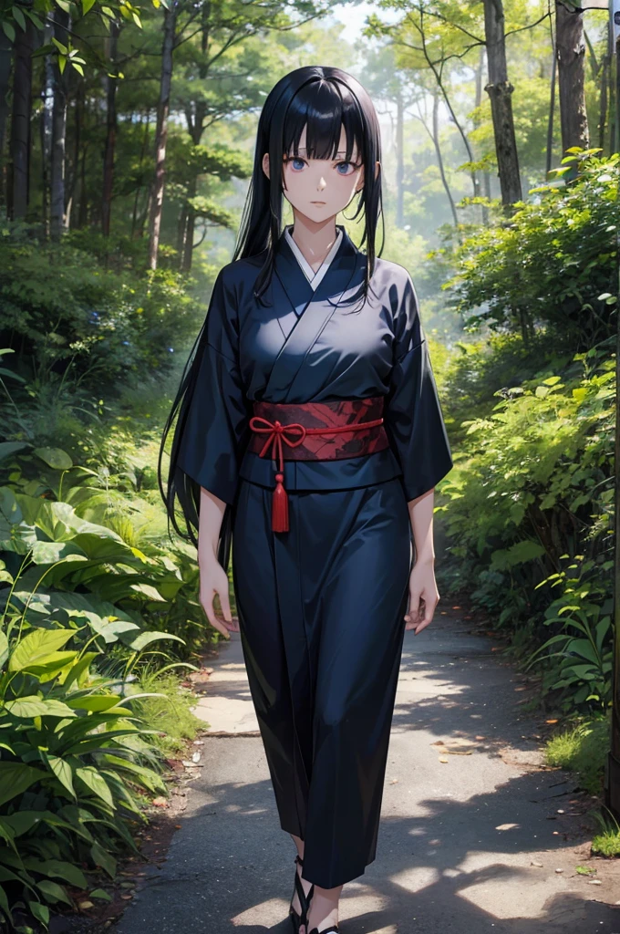 jujutsu kaisen screenshot of a woman with long straight black hair, with straight bangs, with slanted and small blue eyes, In a forest,with mature face, season 2, and with a kimono tsukesage suit