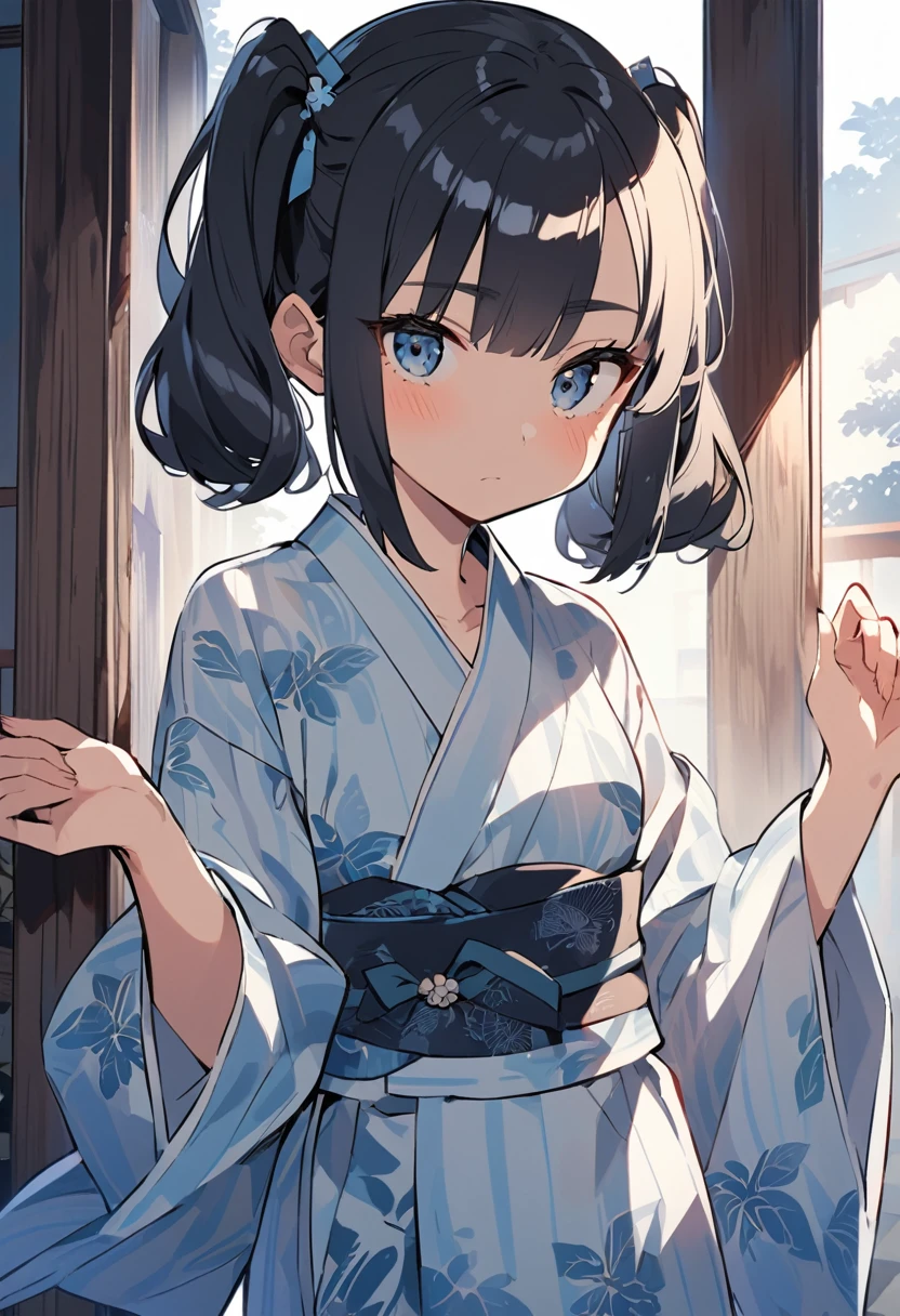 Black Hair Pigtails quiet clear Light blue yukata 2D Anime Style