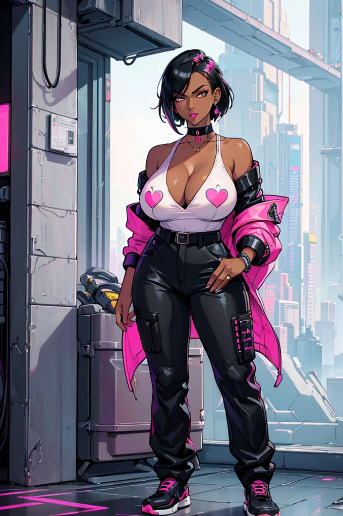 (masterpiece, best quality, high resolution, ((huge breasts))1 mature woman, very short cyberpunk style black hair, ((dark skin)), pink lips, cyberpunk style long sleeve blouse, neckline, cyberpunk style pants, choker ,bracelets,earrings, ( white background, stickers. Redmond), ((full body standing)),
