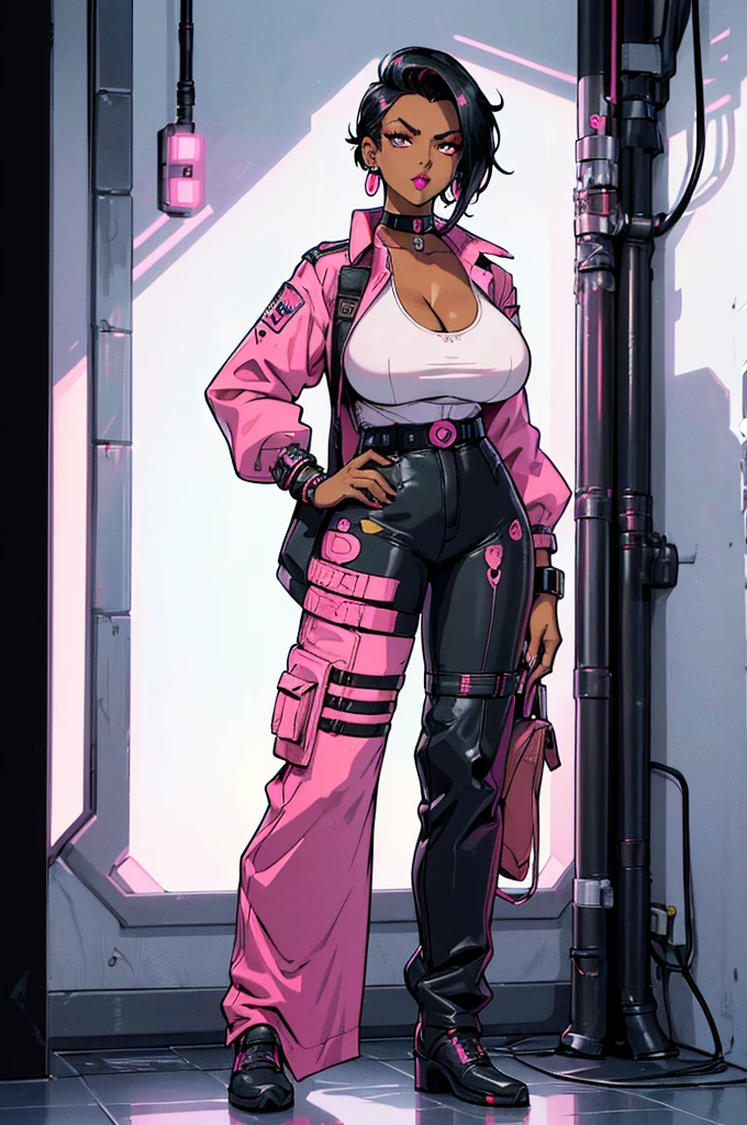 (masterpiece, best quality, high resolution, ((huge breasts))1 mature woman, very short cyberpunk style black hair, ((dark skin)), pink lips, cyberpunk style long sleeve blouse, neckline, cyberpunk style pants, choker ,bracelets,earrings, ( white background, stickers. Redmond), ((full body standing)),
