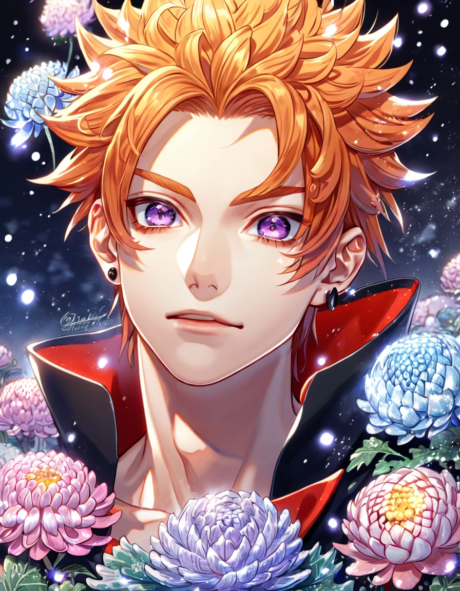 absurdres, highres, ultra detailed, HDR, master piece, best quality, extremely detailed, Pein, orange hair, expressive purple eyes, Naruto Shippuden, solo, sexy man, handsome, black piercings, black coat, Akatsuki, fantasy, sparkling, ice glittering fireflies, ice moon, ice blossoms, ice chrysanthemums, blue sparkling lights, magical, snowing