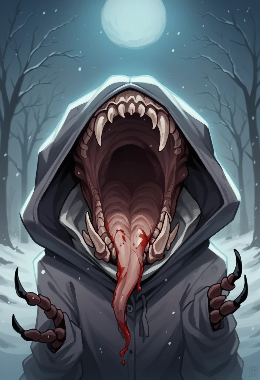 1girl, faceless, sharp_teeth, bifurcated jaw, blood from mouth, long tongue, sharp claws, arthropod limbs, exposed bone, tentacles, blood stain, deformed, creature, monster, aliens, no humans, body horror, down jacket, solo, horror \(theme\), outdoors, night, snowing, snowfield, winter, The Thing,