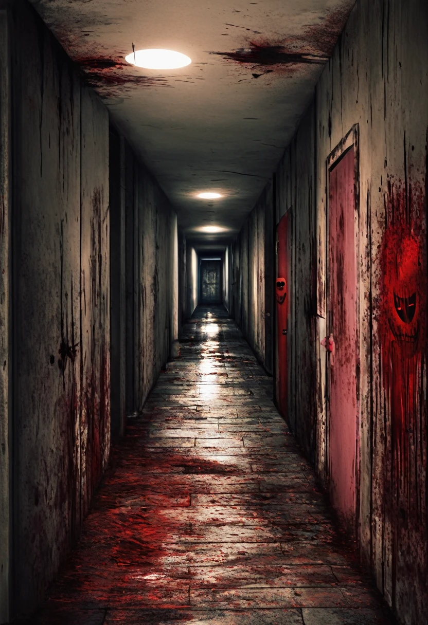 huge dark hallway, full with dangerous looking doors, the lights kinda red and blood on the floor with dead living cute and ugly dolls pieces of the body, creepy mask skull face with pupils red eye living dolls, doors with caution, wall old blood,