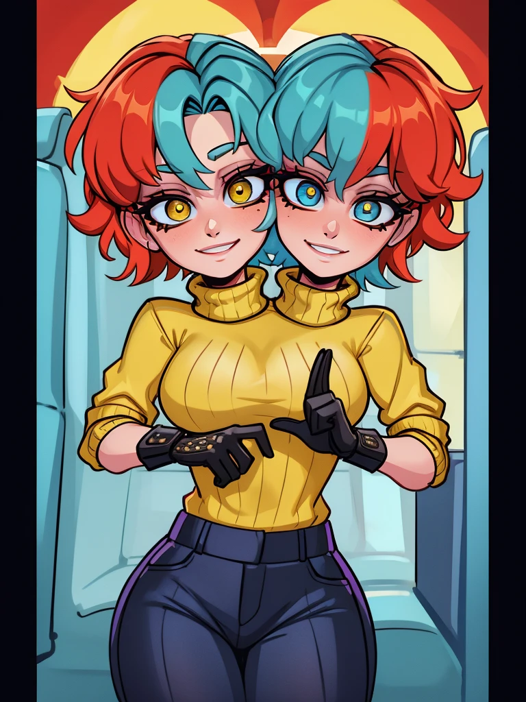 best quality, (masterpiece),(ultra-detailed), (high quality), (high resolution), ((2heads:1.5)), best quality:1.5, highres, UHD, 16K), smiling, highres, masterpiece, ((light blue hair)), ((red hair)), ((different hair colors)), gamer girl, long hair, hair band, color mating eyes, ((yellow turtleneck shirt)), violet pants, (black gloves), cowboy shot