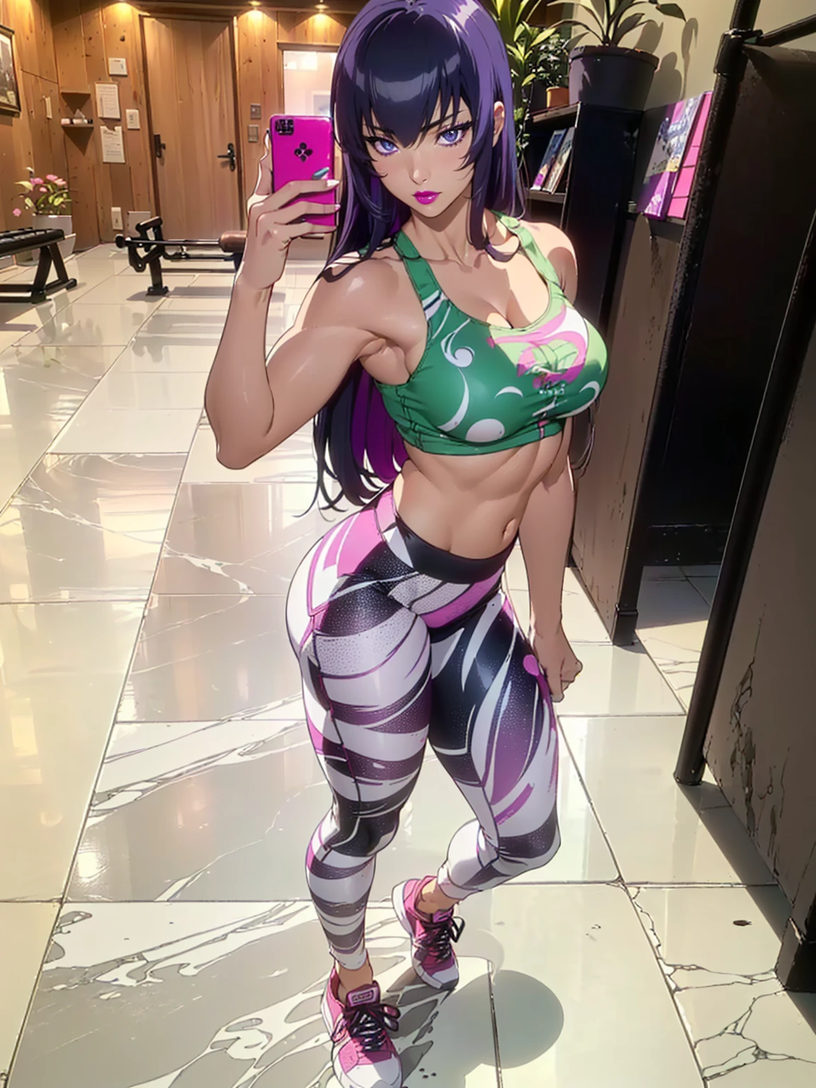 ((1girl, solo ,alone)), ((solo, 1woman, (busujima saeko, purple hair, long hair, purple eyes, pink lipstick, woman, lipstick), Extremely detailed, ambient soft lighting, 4k, perfect eyes, a perfect face, perfect lighting, a 1girl)), ((solo, (1woman, lipstick), Extremely detailed, ambient soft lighting, 4k, perfect eyes, a perfect face, perfect lighting, a 1girl)), , ((fitness,, shapely body, athletic body, toned body)), ((lycra pants, white printed pants, black tank top, gym, wooden floor, taking a photo, profile, black sneakers, , marble floor, living room, potted plant))