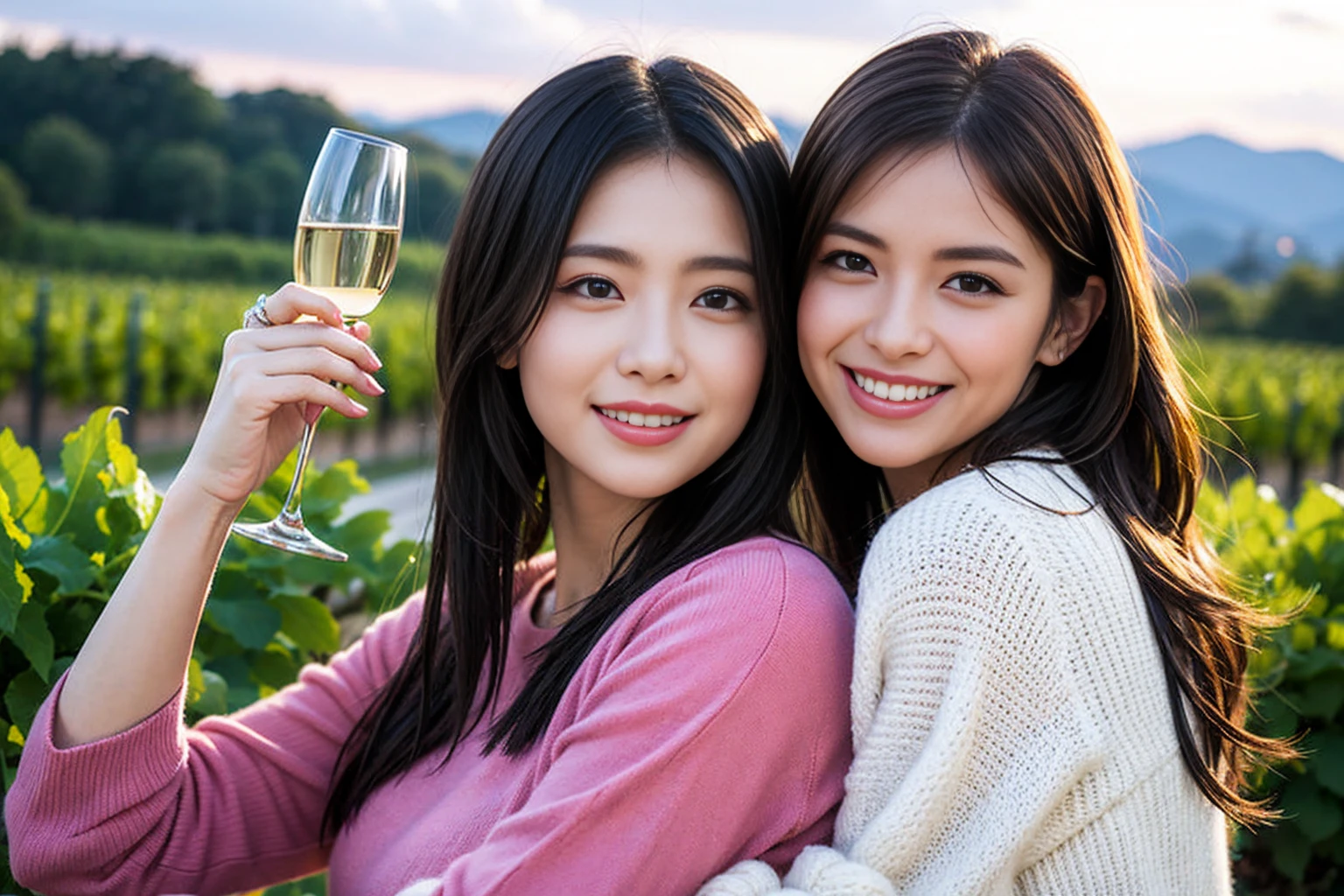 ((Highest quality、、masterpiece:1.3))、1 male、1 female,36 years old 39 years old、Please shine a light on my face、Slim Beauty、Beautiful couple、Upper Body、smile、 (Slim face), (the body is スリム), (Brown Hair), (Shortcuts), テーブルのフルコースディナーとwine glass、Amazing view of the sunset sky and clouds、smileの美しさ、Wine bottle、sparkling wine、Long sleeve shirt、dress、White wine, red wine, wine glass, Beautiful fine grain, Depth f/2,saturation, High Contrast, Strong light and shadow,Moist Body:1.5、 texture、The hair is very shiny、