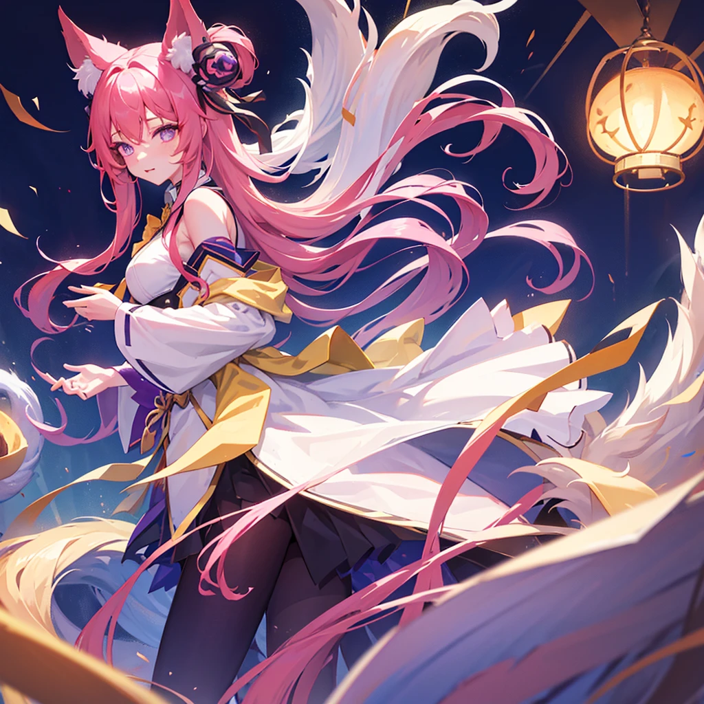 Ahri has striking features. She has long, flowing yellow hair that cascades down her back, complementing her vibrant purple eyes. The most unique aspect of Ahri's appearance is her nine tails, which are a mix of yellow and purple, exuding a soft and warm glow. Her overall look is enchanting and mysterious.