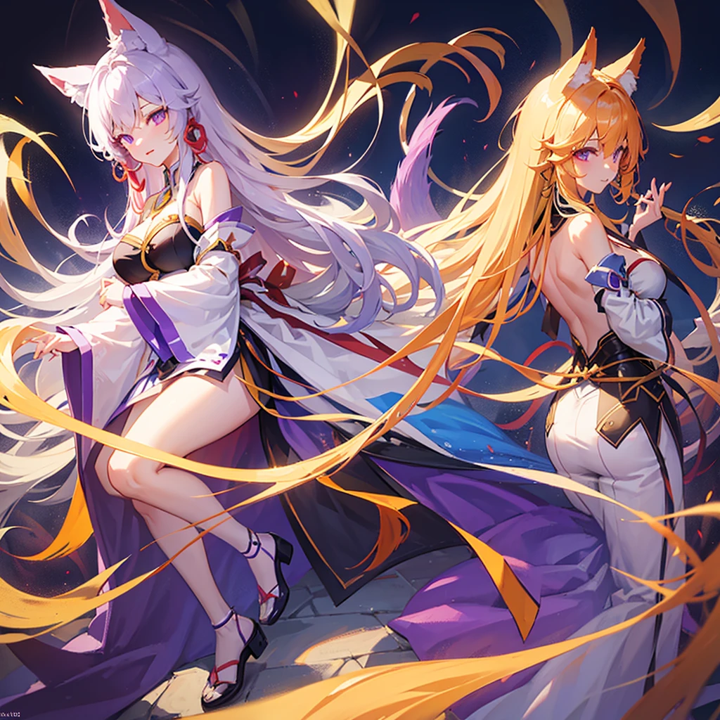 Ahri has striking features. She has long, flowing yellow hair that cascades down her back, complementing her vibrant purple eyes. The most unique aspect of Ahri's appearance is her nine tails, which are a mix of yellow and purple, exuding a soft and warm glow. Her overall look is enchanting and mysterious.