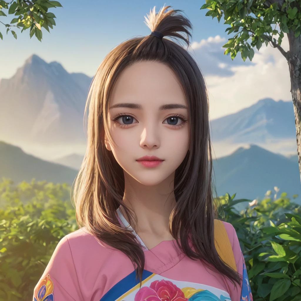 (best quality), masterpiece, Extremely detailed CG8K painting, high color, Extremely high color saturation, All colors are deepened, central composition, Extremely detailed light and shadow, The face and eyes are very detailed, medium length hair, sportswear, colorful clouds,beautiful nature,landscape