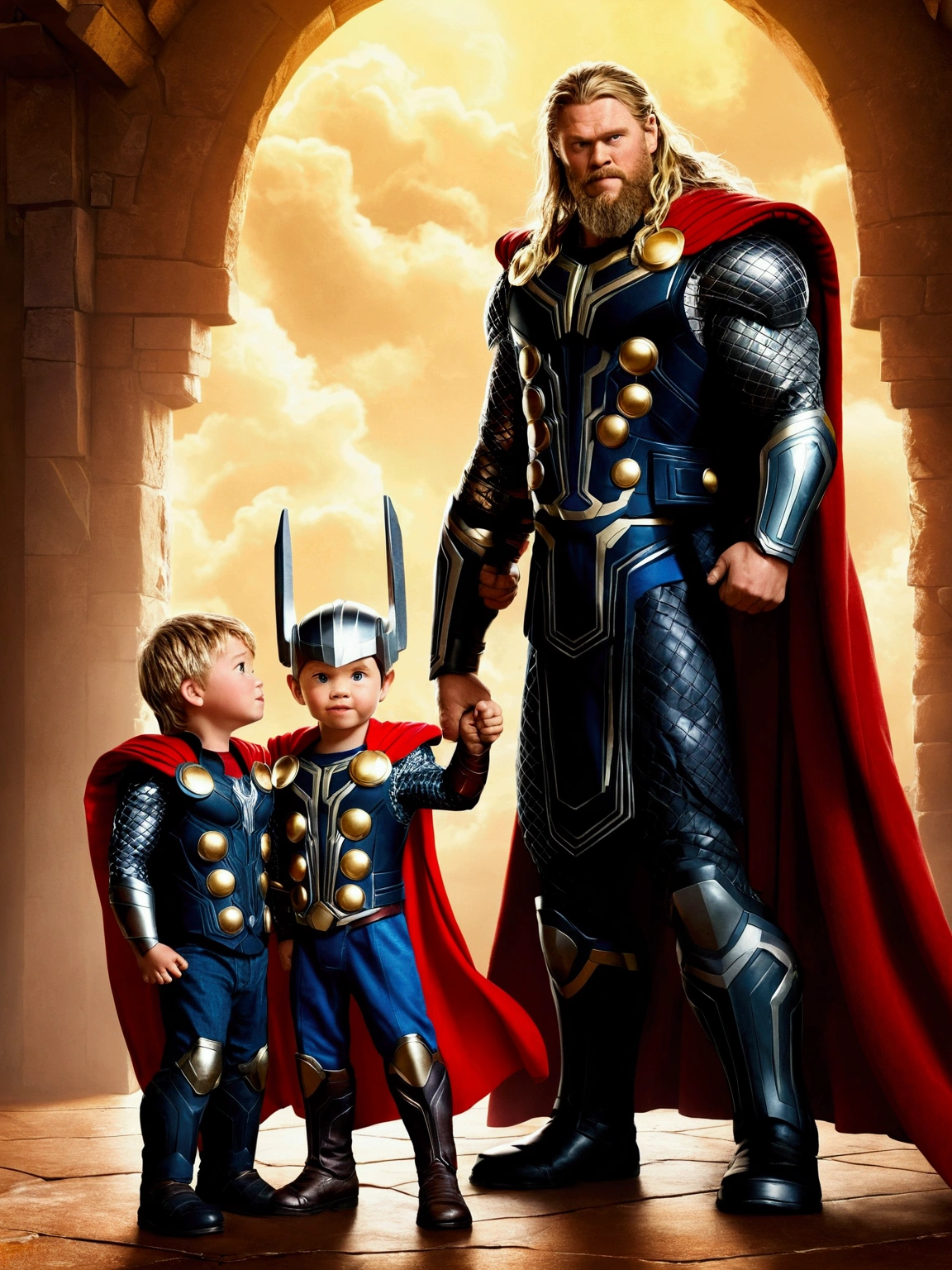 Comando: Description: Make a Boy Features: He is 4 years old Scenario: Type Disney Action Drawing: He's with his father, your father is dressed as Thor. 品質: pixar, ultra realisitic, Disney
