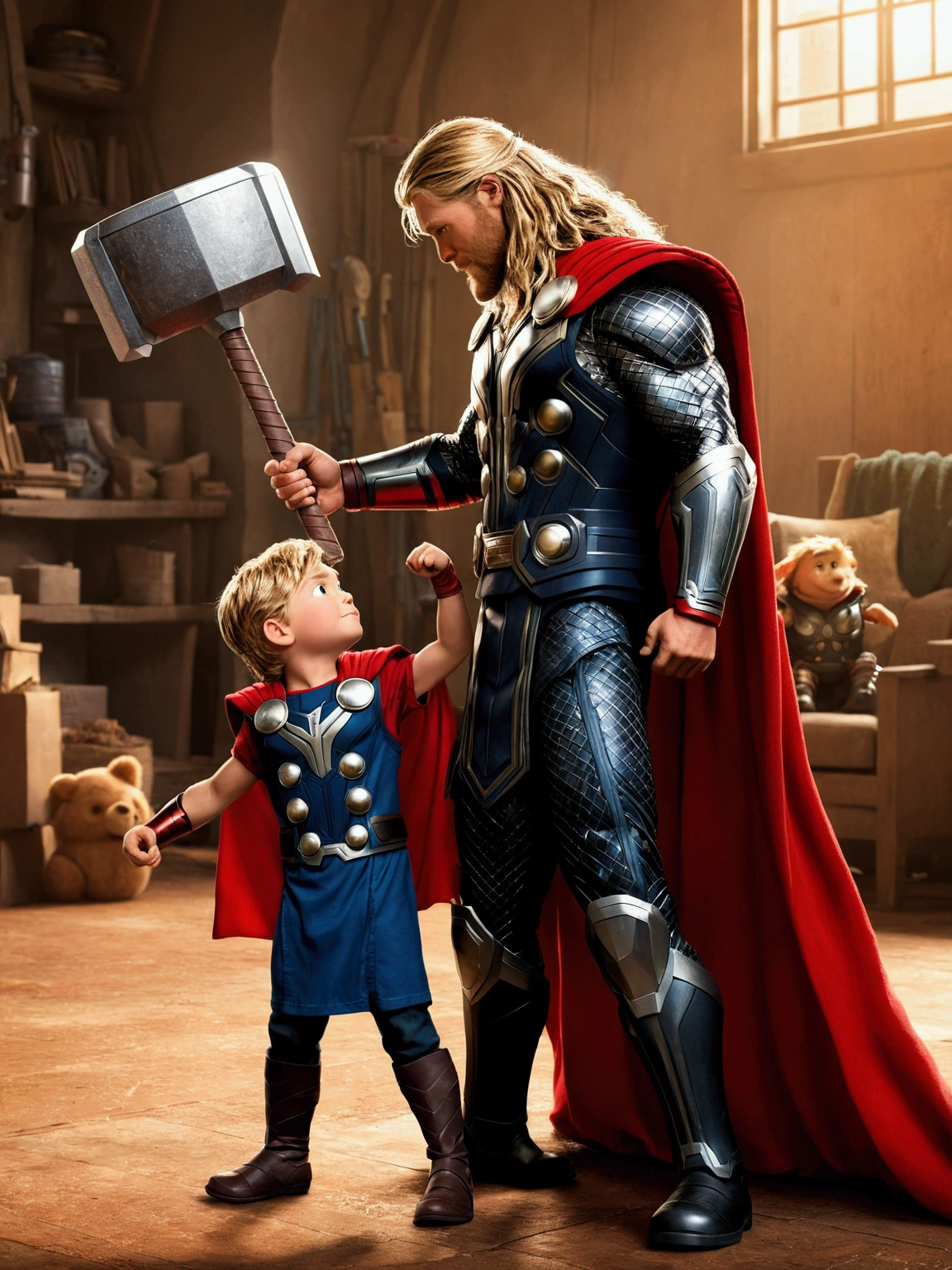 Comando: Description: Make a Boy Features: He is 4 years old Scenario: Type Disney Action Drawing: He's with his father, your father is dressed as Thor. 品質: pixar, ultra realisitic, Disney