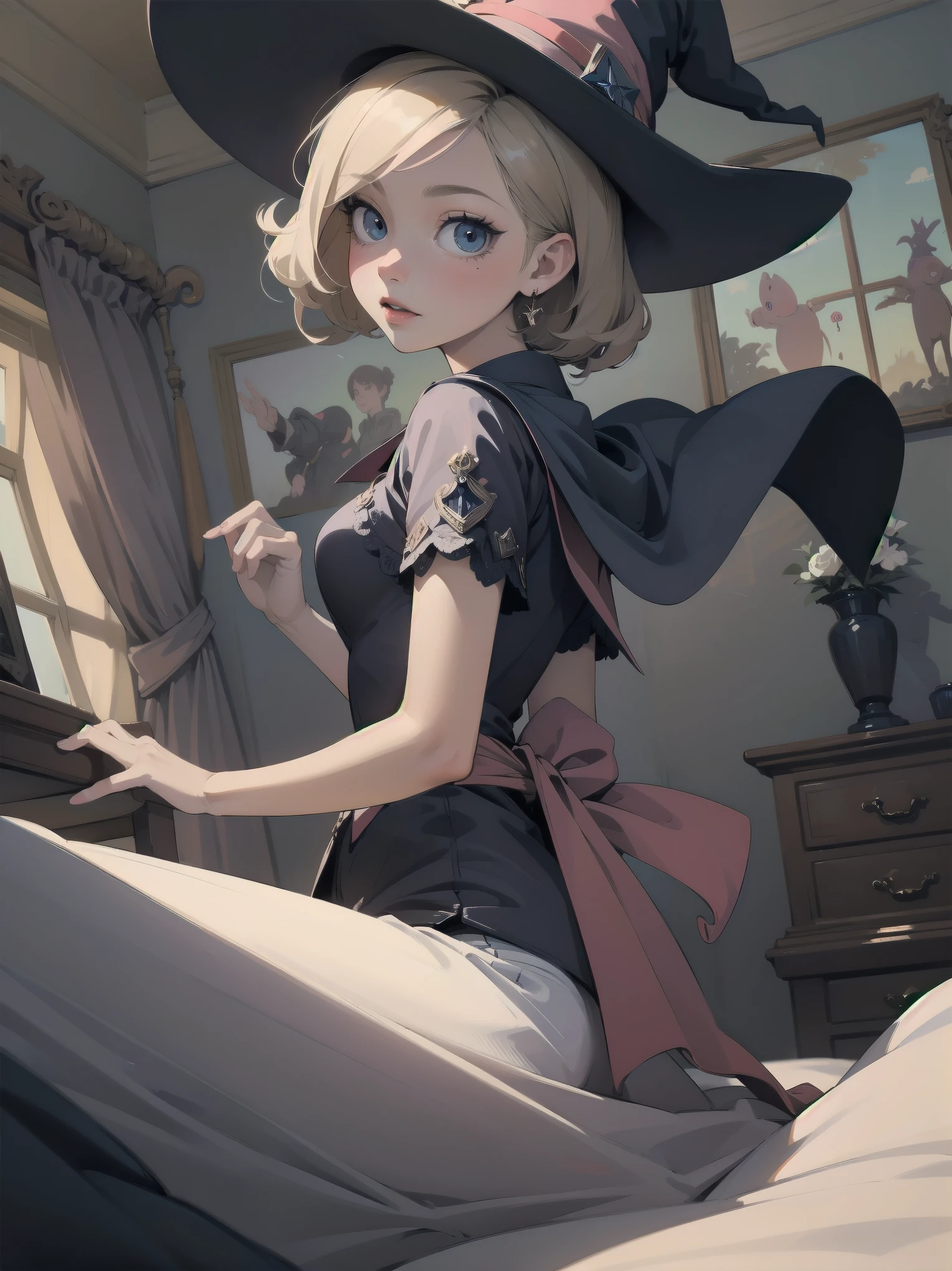 masterpiece, illustration, super detailed, kawaii, one girl, solo, witch in super cute pose, bed room, cowboy shot ,sfw, Dynamic angle