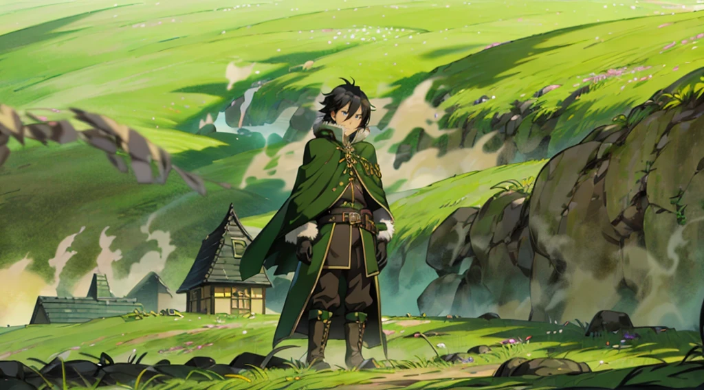 yuichiro hyakuya, (WithoutFear:1), 1 boy, black hair, green eyes, brown coat, gray armor, green shield, green cloak, dark brown gloves, town, white fur trim, tall, anime, standing, good quality, portrait, looking at viewer