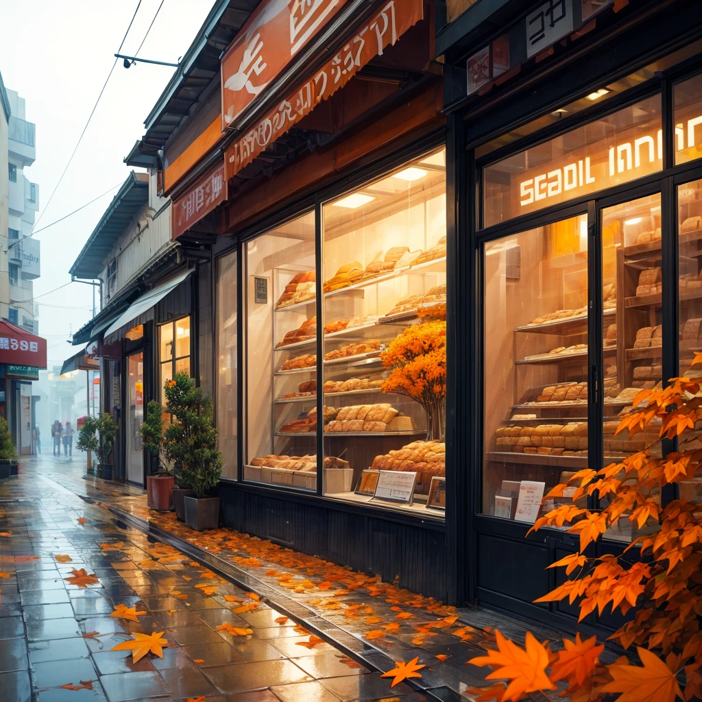 In front of a bakery, a somewhat rainy climate, many trees with orange leaves lying on the ground, feeling sadness.