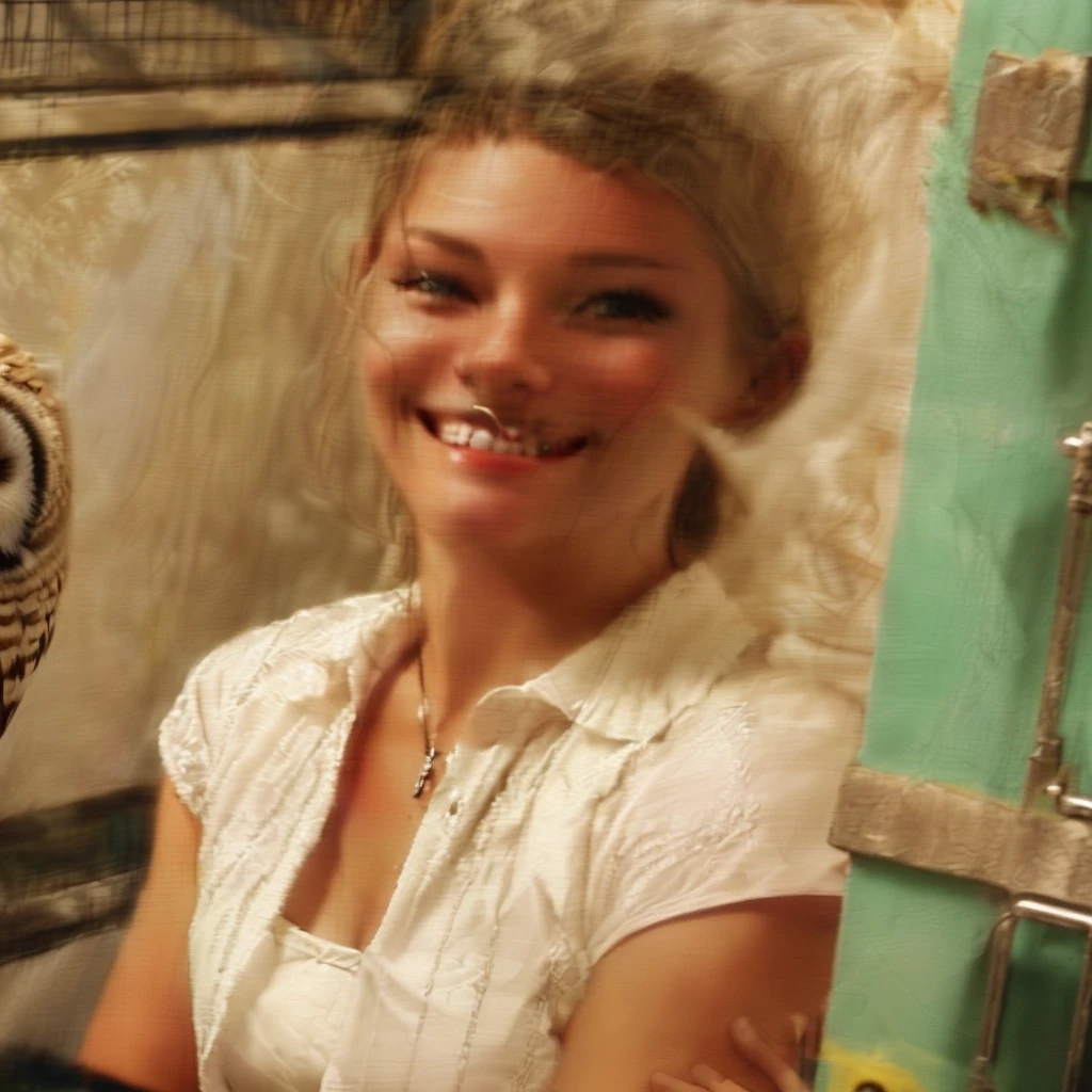smiling woman holding a owl in a cage in a building, photo 2 0 1 0, emily rajtkowski, miranda meeks, katey truhn, taken in the late 2010s, rachel wall, alana fletcher, taken in the late 2000s, very slightly smiling, karolina cummings, portrait of maci holloway