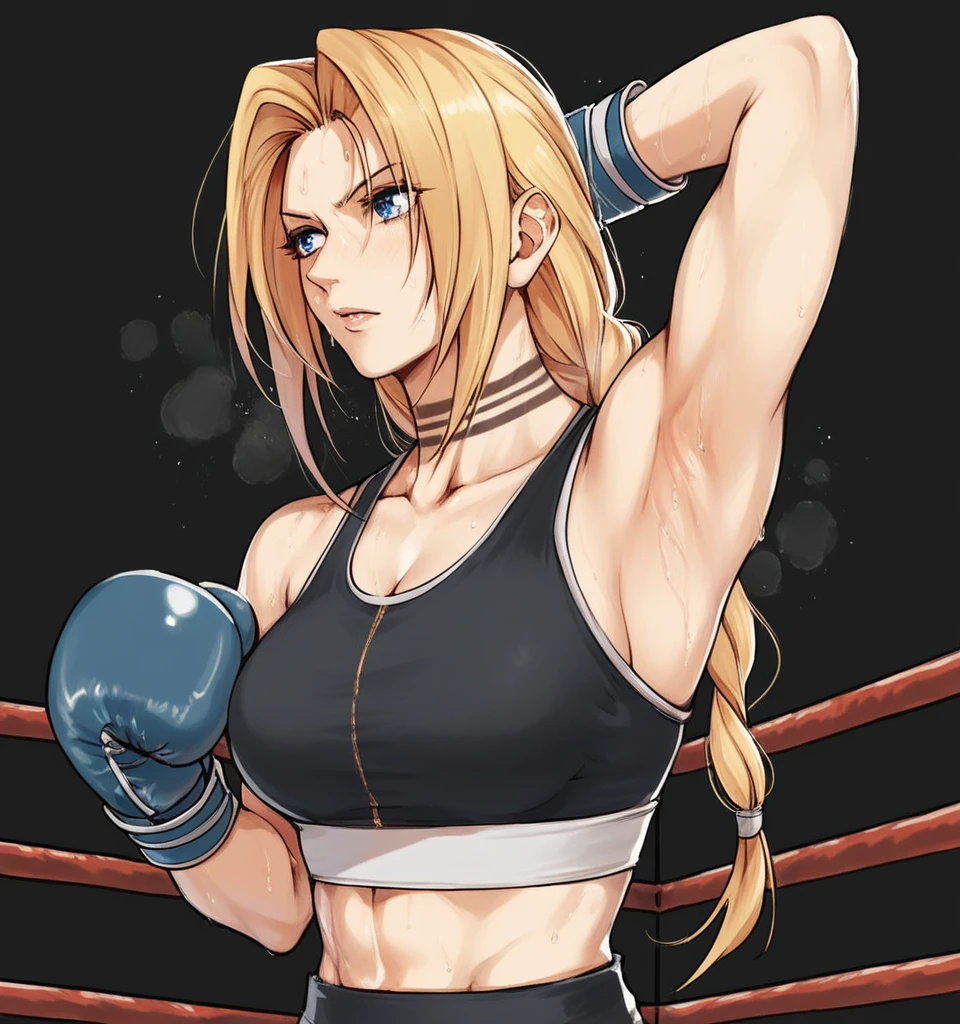 score_9, score_8_up, score_7_up, score_6_up, Detailed Background, BREAK
 koasmirage, 1girl, long hair, sports bra, klausian neck markings, sweating,showing armpit,blonde hair, blue eyes, single braid,BREAK
boxing ring, boxing gloves, mma,