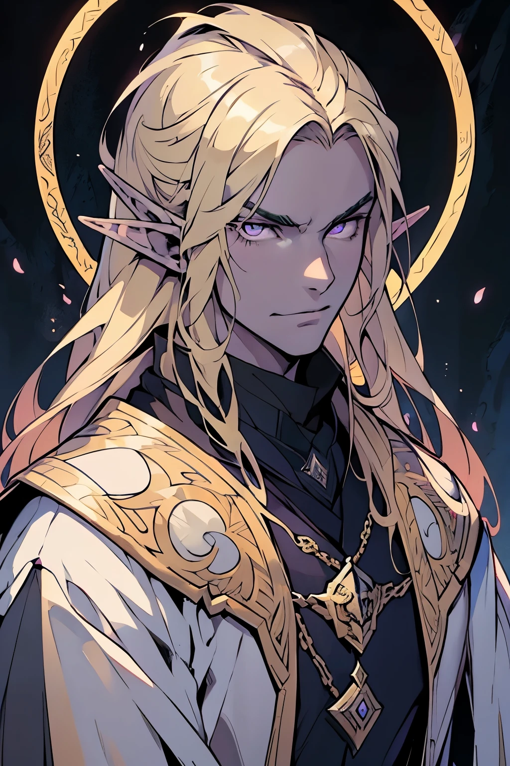 anime - style image of a young elf with purple eyes and blonde hair, blonde hair, blonde hair, a portrait of a male elf, beautiful male elf, a male elf, portrait of a young elf wizard, handsome guy in demon slayer art, elven male, young half elf wizard, beautiful androgynous prince, elven character with smirk, artwork in the style of guweiz, serious face,