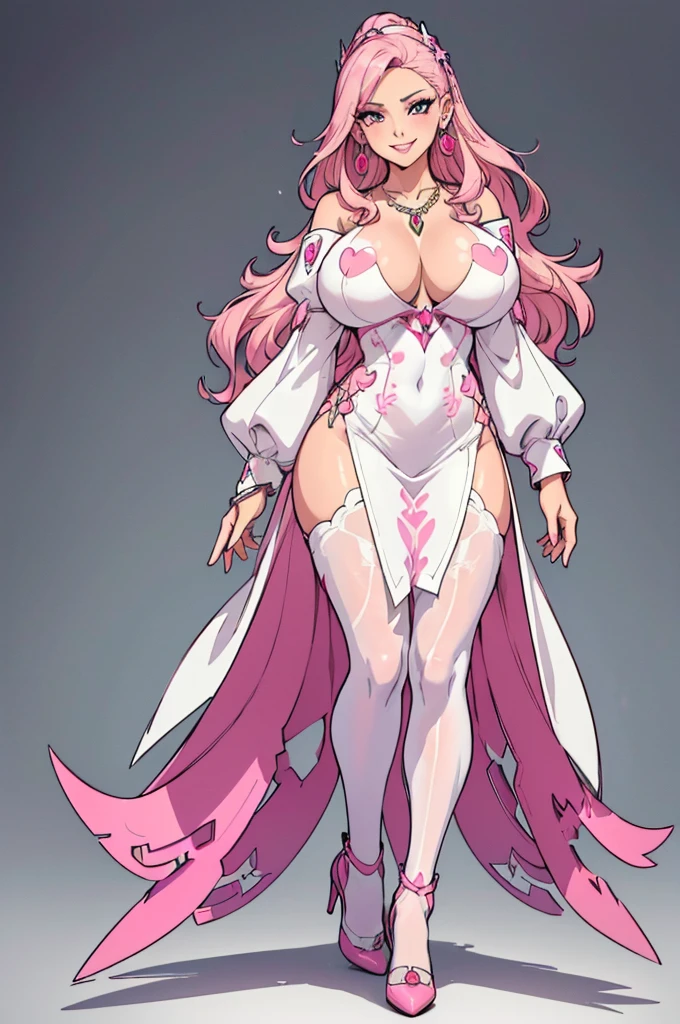 (masterpiece, best quality, high resolution, ((huge breasts))1 mature woman, very long and wavy pink hair, pink lips, long-sleeved white dress with cyberpunk style straps, pantyhose, heels, necklace, bracelets, earrings, smile ( white background, stickers. Redmond), ((full body standing)),
