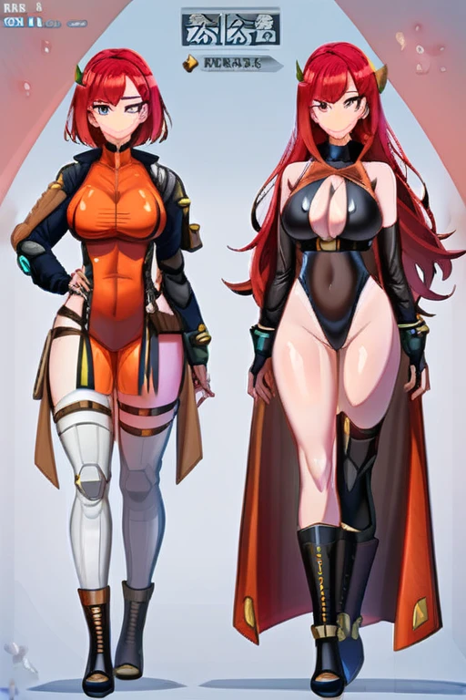 Girl red hair cargo hourglass body big breasts, bodysuit clothing with hero style harness