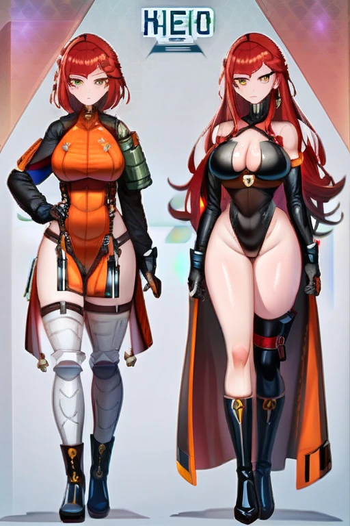 Girl red hair cargo hourglass body big breasts, bodysuit clothing with hero style harness