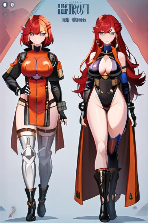 Girl red hair cargo hourglass body big breasts, bodysuit clothing with hero style harness