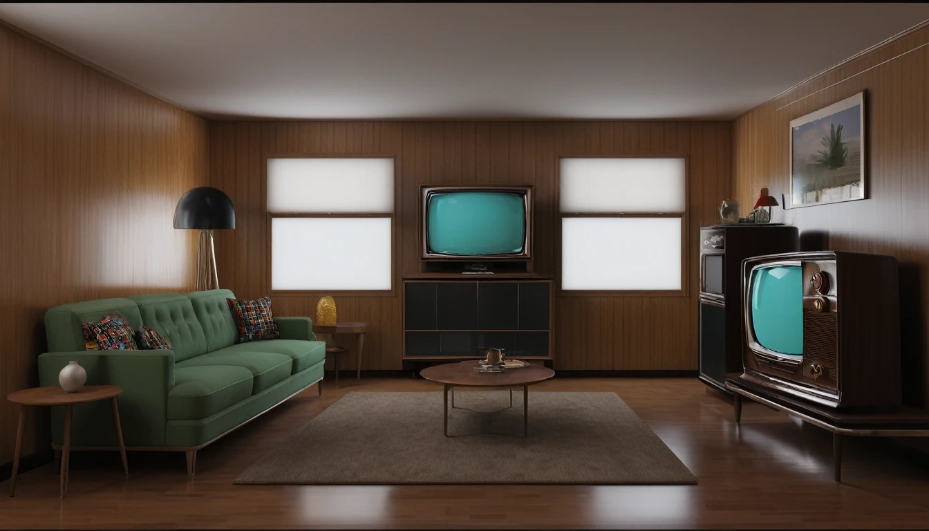 Living room with several TVs( 50s, 60's, 70s, 80’s, 90's, Anos 2000)