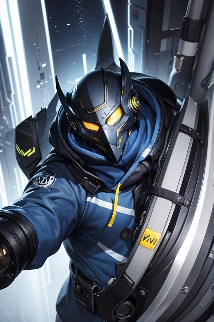 Blue and yellow eyes, camera in hand, mask on chin, hoodie on, thick hoodie, male, fair skin.