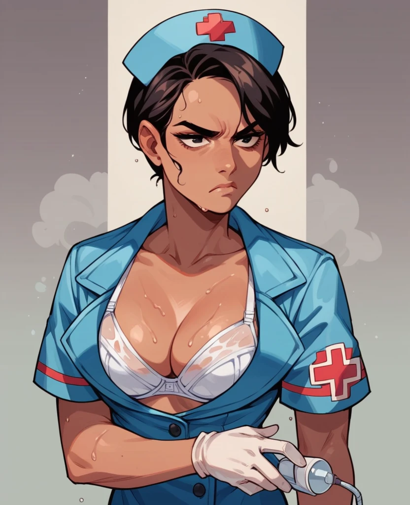 pretty women portrait, 1980s movie poster style, vector-art, upper body, russian, white nurse uniform, cleavage, pin up style, sexy, realistic, seductive pose,