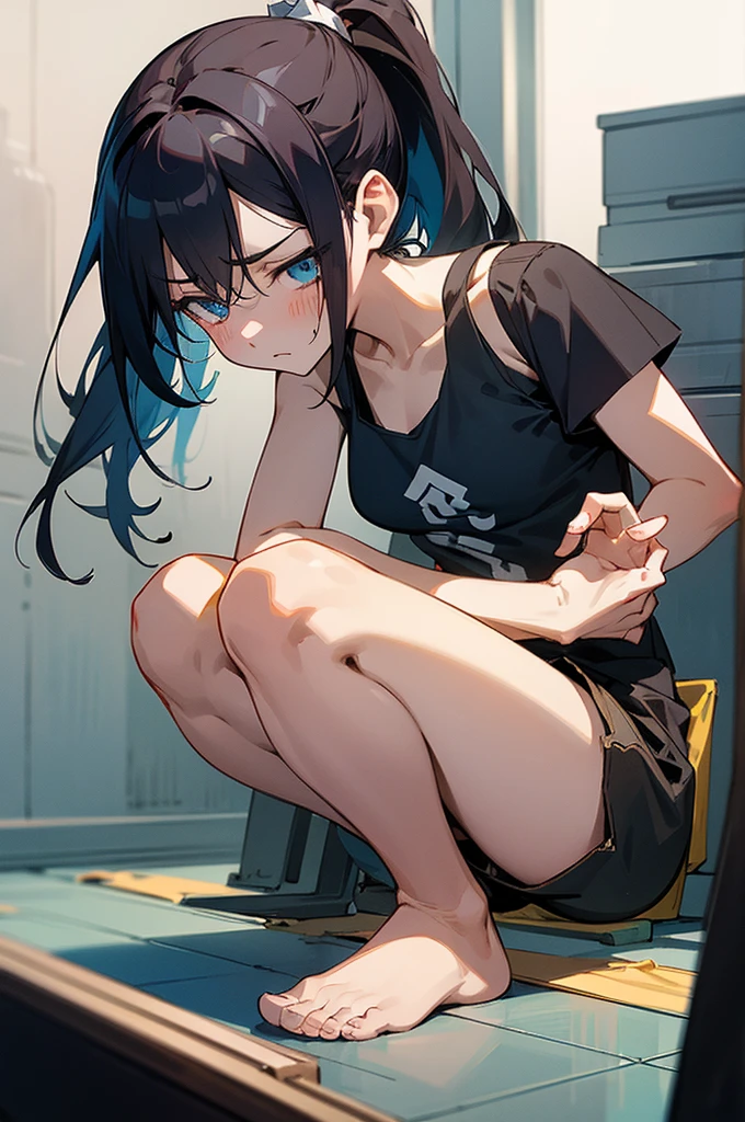 An anime-inspired illustration of a young woman with a distressed expression, squatting on a scale in a simple, clean room. She has medium-length hair tied back in a ponytail and is wearing a tank top and shorts. The scale is positioned under her feet, and she is looking down at it with a worried expression. The overall style is vibrant and expressive, capturing her emotions vividly. The background is minimalistic, focusing on the subject.
