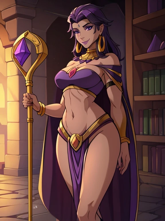 (best quality:1.3), (4K quality),masterpiece, best quality, high res, detailed, (Detailed face:1.2), (Detailed eyes:1.2), (Perfect figure:1.2), Fantasy style, Fantasy environment, A beautiful mature sorceress (1 girl), dark-skinned female, with long purple flowing hair, purple eyes, purple iris, mascaras purple eyeshadow, smile, purple lipstick, skin covered in purple markings, (Wearing: golden headpiece, golden ringed earrings, purple cape, purple strapless top, purple loincloth, pelvic curtain, golden armlets, golden boots), ((Holding a golden staff)), looking mature and alluring at 28 years old, (detailed eyes, detailed lips, extremely detailed face), BREAK (Indoors, stone room, shelves filled with books and potions)
