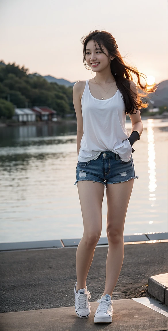(masterpiece, top quality, best quality,1girls,Korean, beautiful face, smile, long hair, 19 years old, tank top, shorts, White shoes, hills, full body view, sunset,