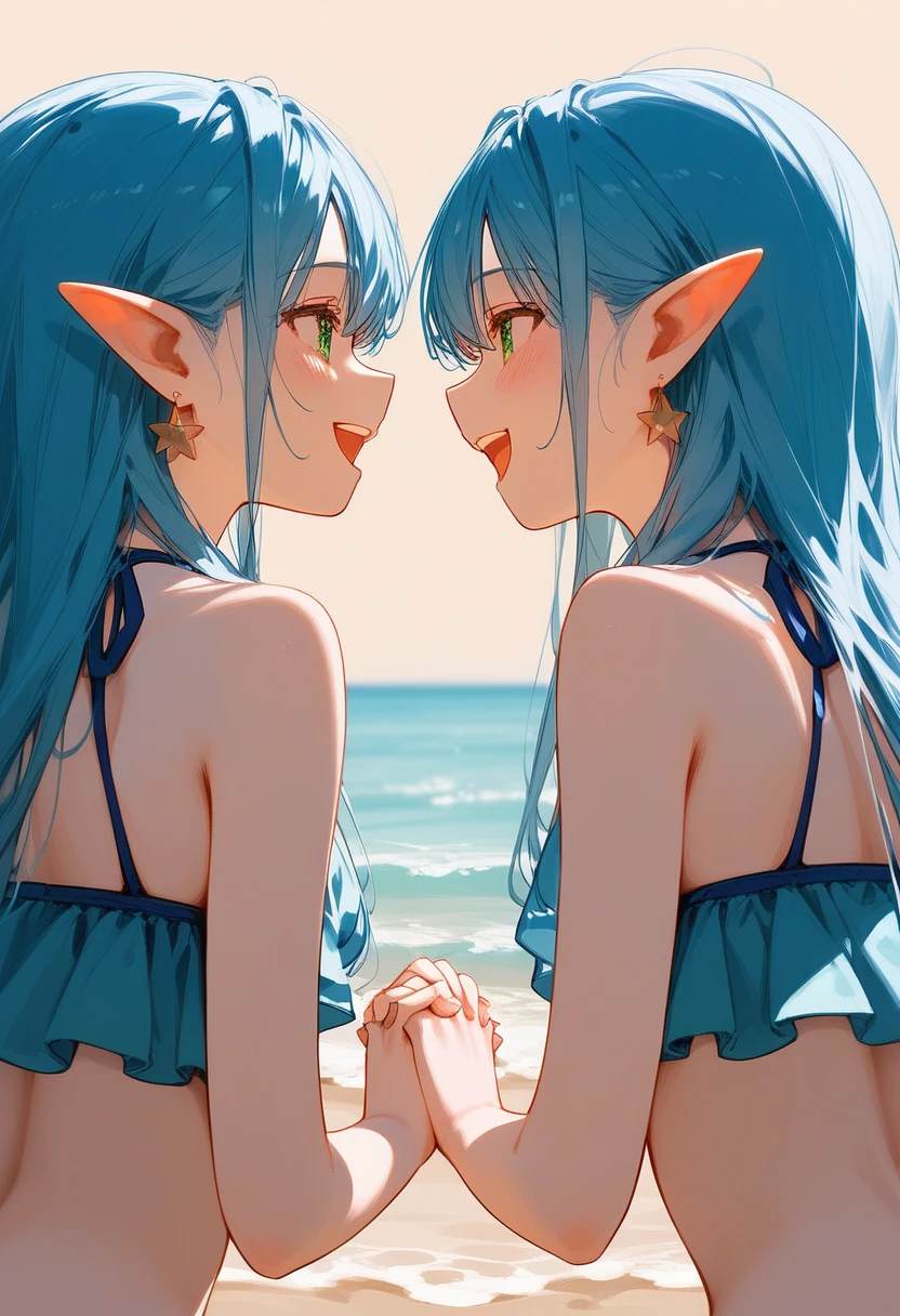 2girl, white and blue hair, long hair, pointy ears, green eyes, from behind, facing away, close-up, bare shoulders, swimsuit, bikini, earrings, at the beach, holding hands, laughing, masterpiece, score_9, score_8_up, score_7_up, different views, different angles