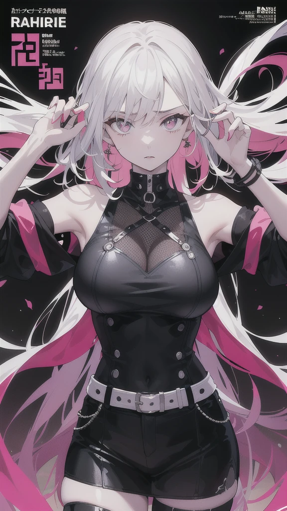 short pink hair, pink eyes and white skin, small breasts and curvy body, black gown