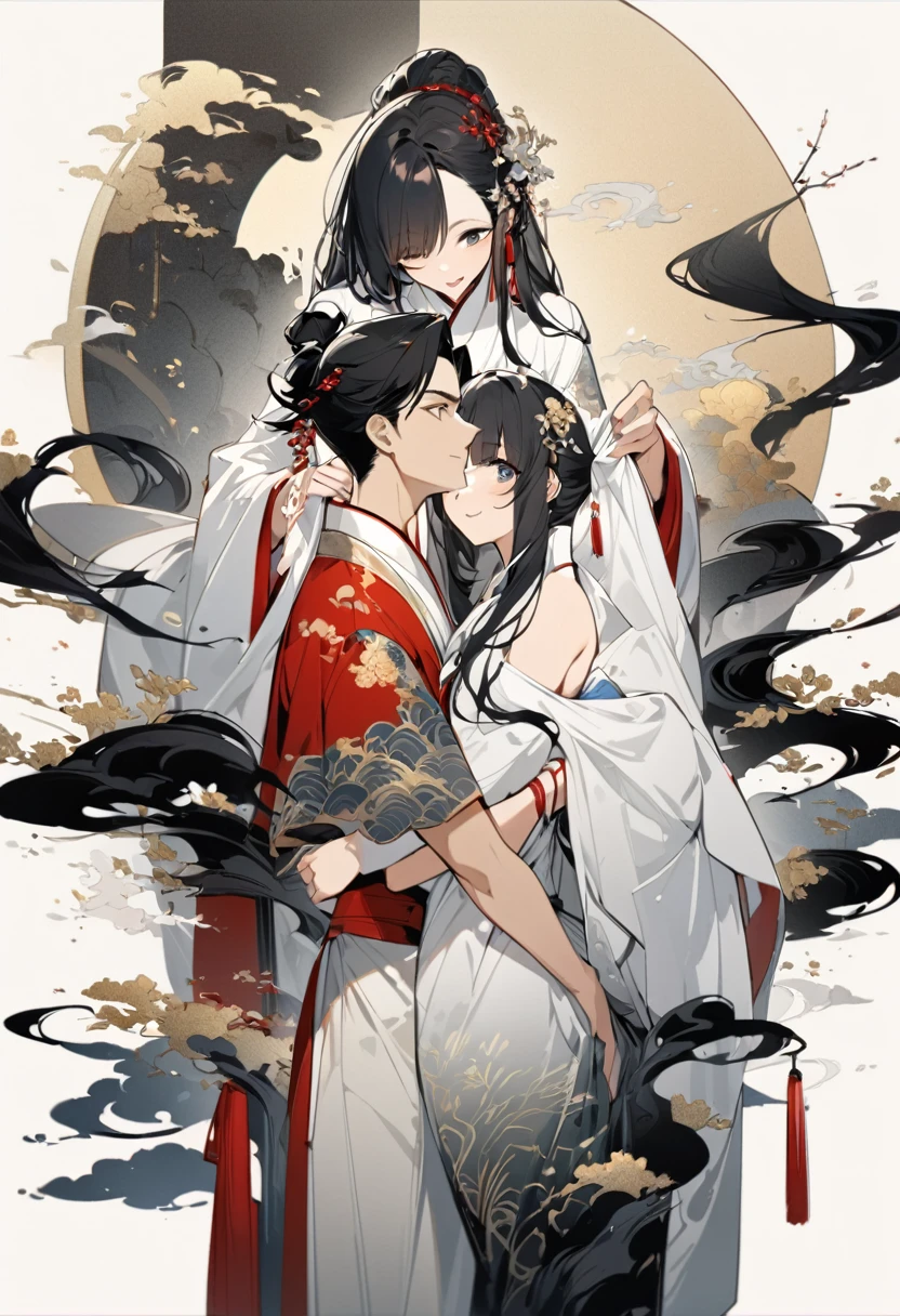 (Couple, Beautiful girl and boy), Big teary eyes, Looking at each other, Smiling and wearing white clothes, Delicate hair, Beautiful women and handsome men in ancient China, Wearing ancient Chinese costumes, flowing tulle, light silk,(Clean background), Ink painting style, Beautiful colors, The decisive cut, blank, free-hand, masterpiece, Very detailed, A magnificent composition, high quality, 最high quality, 4K