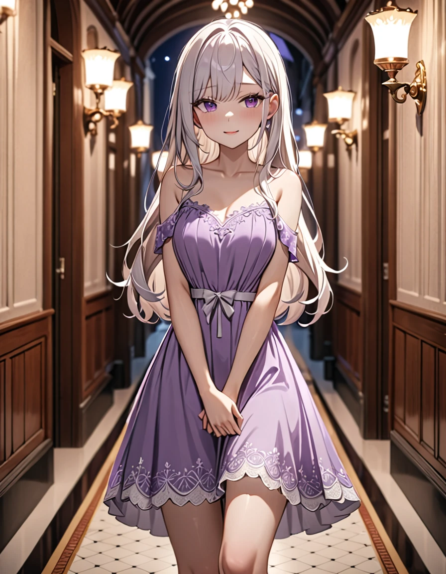 1 girl, short, slim, cute, purple eyes, very long hair, white hair, hair reaching ankles, sleep light purple dress, hallway, blurry background, smirking, crossing arms, 8k, masterpiece, night, best quality, very aesthetic, absurdres, newest, intricate details, intricate, (SuperQuality:1.0) ~ (SuperQuality:1.2), (negative_v2 Color_Balance_Calibration:0.8)