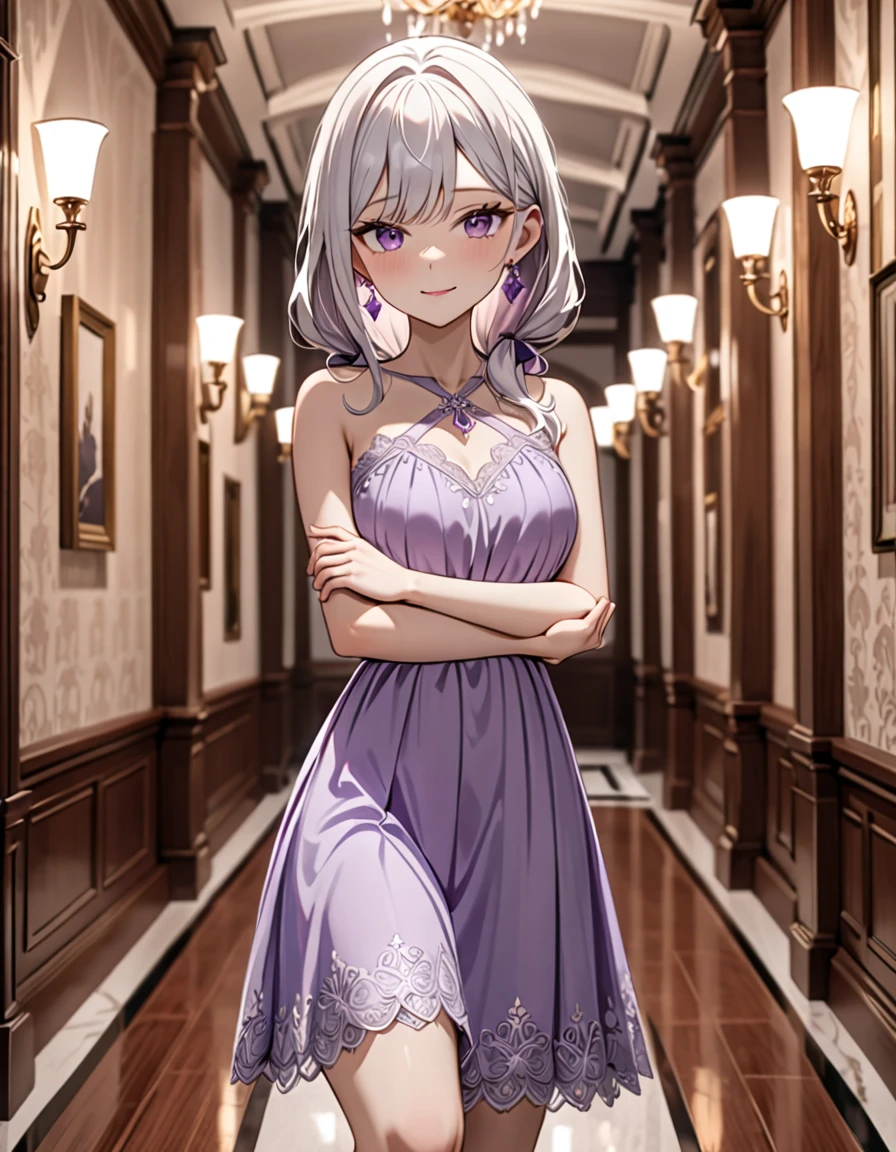 1 girl, short, slim, cute, purple eyes, very long hair, white hair, hair reaching ankles, sleep light purple dress, hallway, blurry background, smirking, crossing arms, 8k, masterpiece, night, best quality, very aesthetic, absurdres, newest, intricate details, intricate, (SuperQuality:1.0) ~ (SuperQuality:1.2), (negative_v2 Color_Balance_Calibration:0.8)